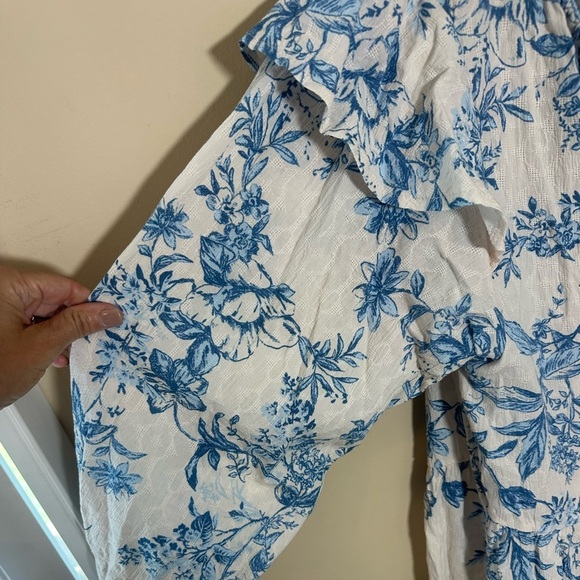 Free People Sunbaked Swing Mini Dress  Tea Combo Floral Tie Neck Ruffled size S - Picture 8 of 9